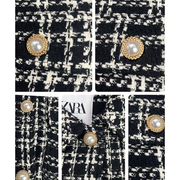 Zara Women’s Blazer‎ Jacket M Tweed Textured Plaid Black White Oversized Shacket - Picture 13 of 16